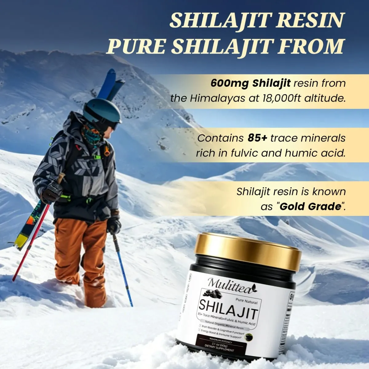 Mulittea High Purity Original Shilajit mineraltilskud med 85+ spormineraler og fulvinsyre til menneskets energiudholdenhed