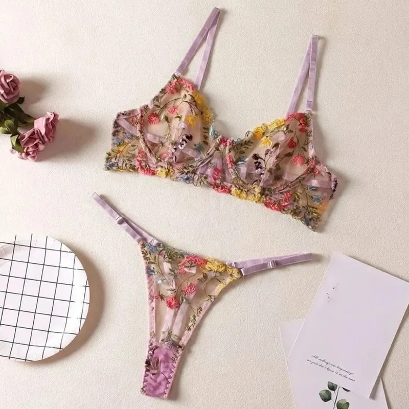 2-Piece Floral Lingerie Set Sheer Versatile Underwear Intimates Underwire Push-up Embroidery Bra Panty Set For Lady Girl