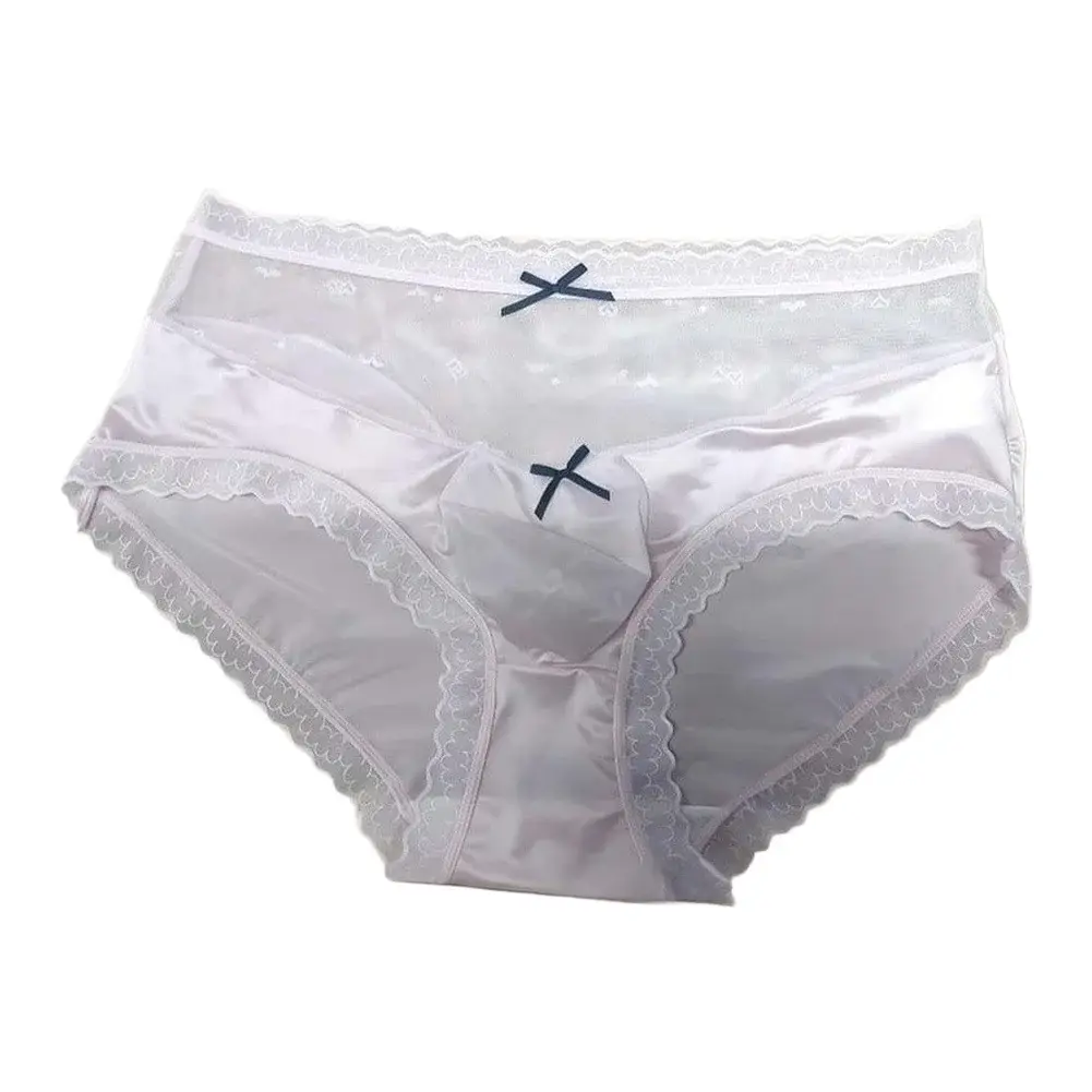 Men Satin Lace Brief Underwear Sweet Bow Decoration Sheer Mesh Waistband Scalloped Lace Trim Soft Smooth Fabric Sexy Male Briefs — image 2