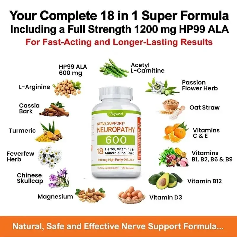 Neuropathy Support Supplement 600mg - Reduces Stress Promotes Nerve Health and Brain Function Cellular Energy Non-GMO — image 3