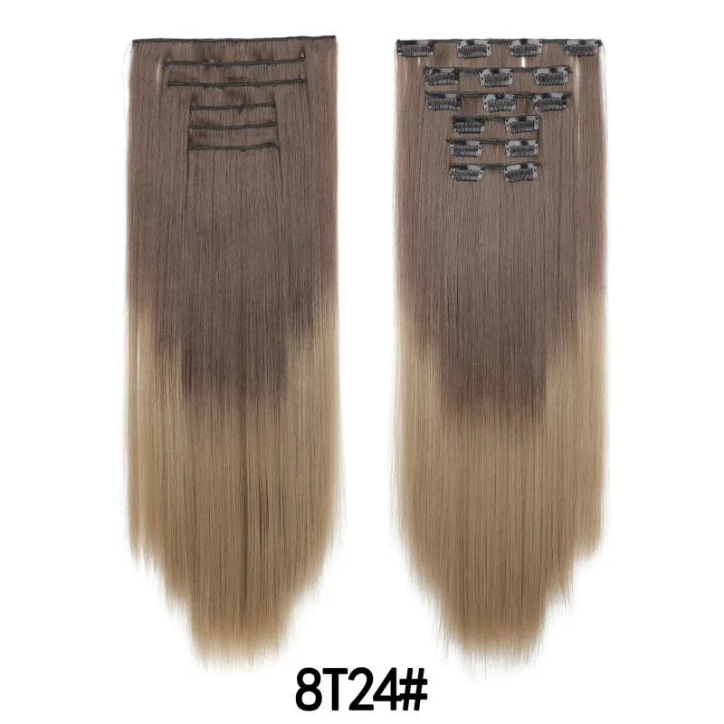 6Pcs 24 inch Ombre Color Clip-in Hair Extensions Long Synthetic Straight Hairpieces Layered Soft Invisible Clip Ins Extensions