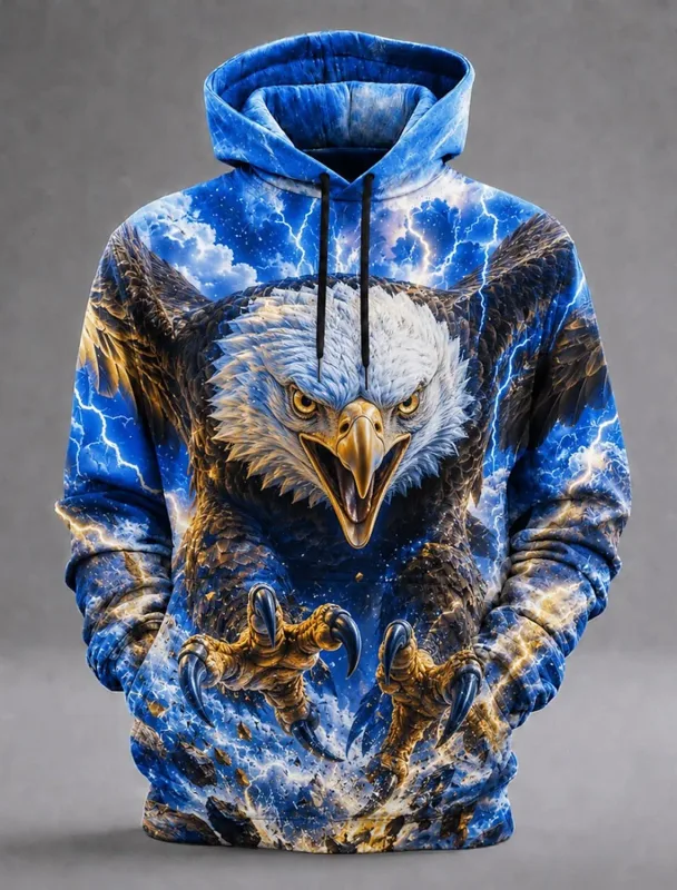 Men's Eagle 3D Printed Hoodie, Lightning Storm Eagle Graphic Sweatshirt, All Over Print Long Sleeve Pullover Streetwear