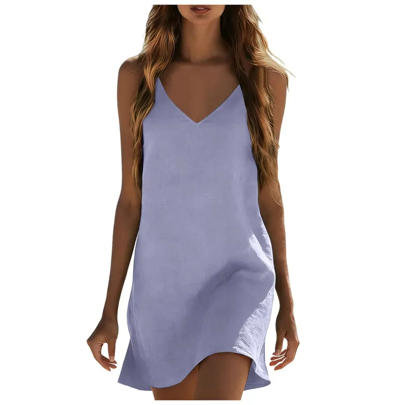 Cotton Linen Dresses For Women Summer Sleeveless V Neck Mini Dress Loose Fit Casual Beach Vacation платье летнее