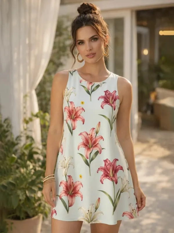 Womens Floral Sleeveless A Line Mini Dress Round Neck Relaxed Sundress for Holiday Brunch Patio Walk and Daily Wear Comfort — image 12