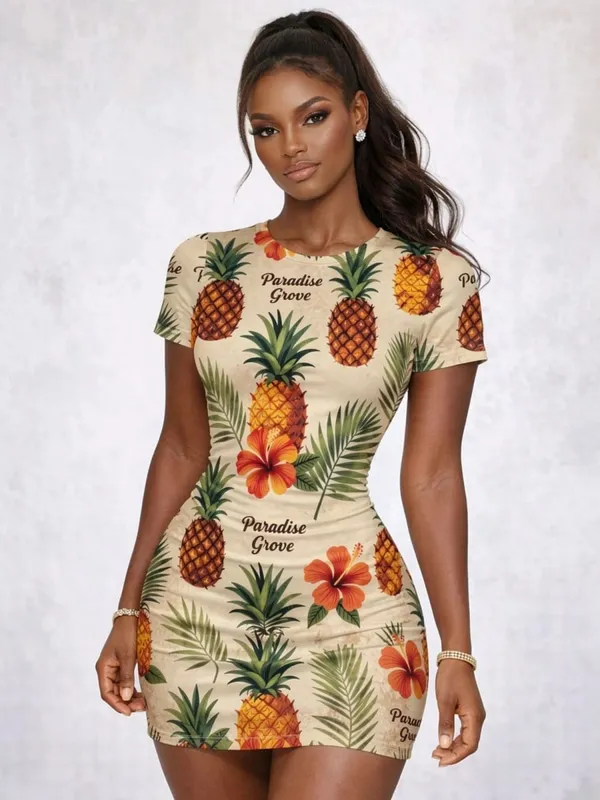 Womens Short Sleeve Bodycon Mini Dress Slim Fit Crew Neck Floral Print Casual Summer Party Cute Casual Holiday Clubwear Sundress