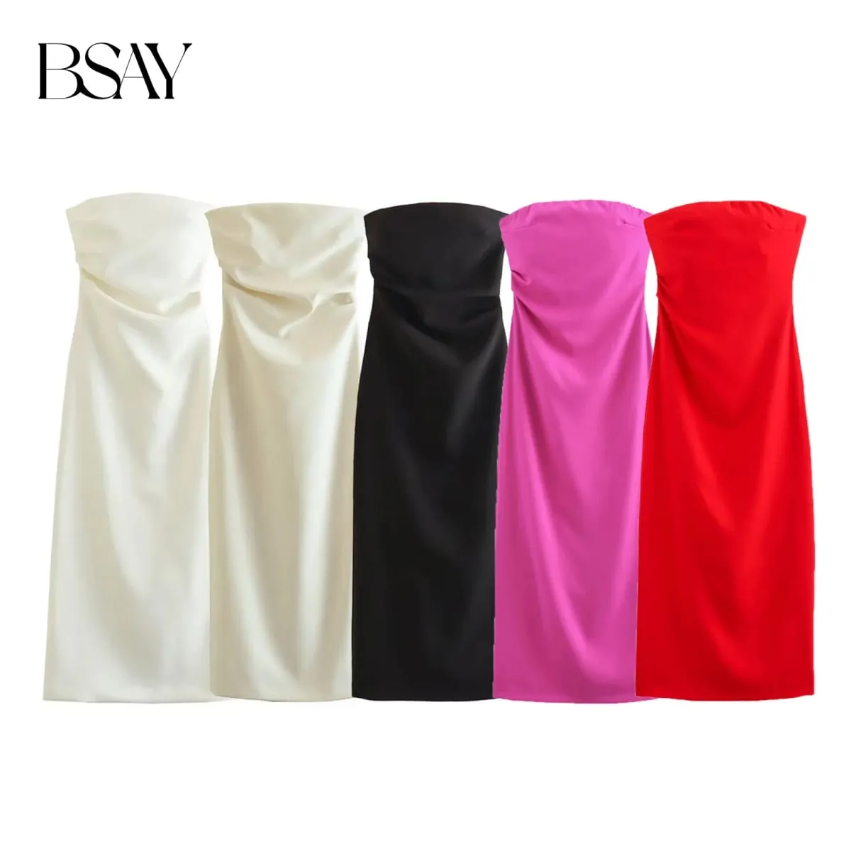 Women Fashion Summer New Sexy Split Back Zip Pleated Sleeveless Strapless Dress Chic Female French Elegant Evening