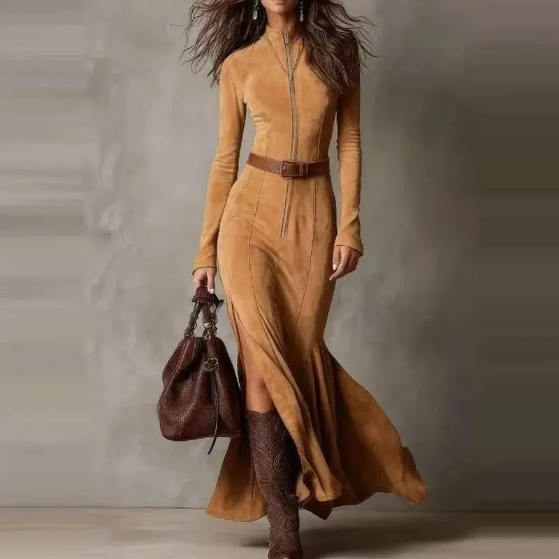 Casual O-neck Long Sleeve Suede Party Dress Elegant Side Split Solid Slim Long Dress Women Fashion With Belt Tie-Up Maxi Dress