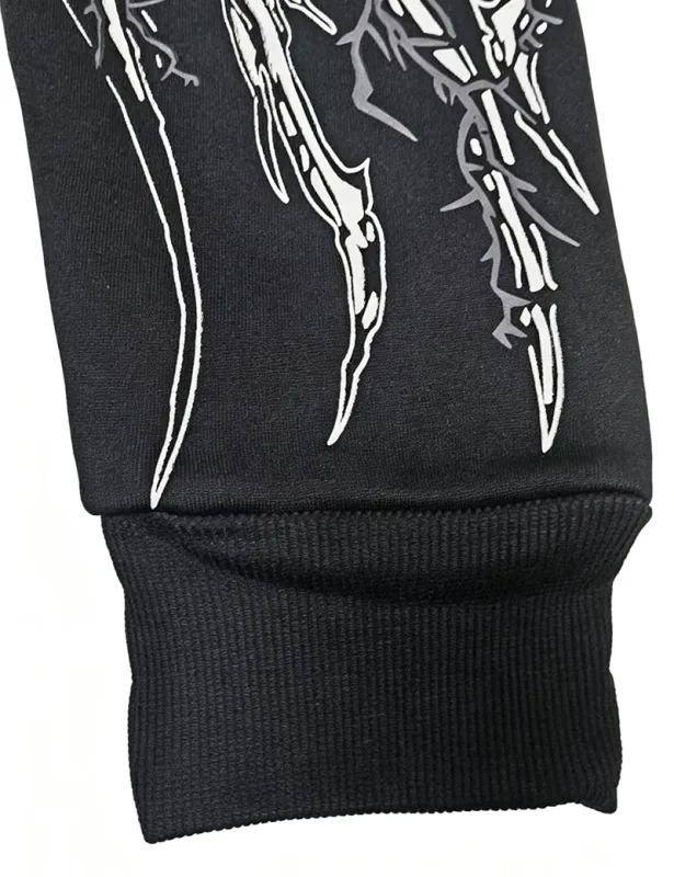 Men Alt Gothic Pullover Hoodie Y2k High Street American Style Dark Thorn Print Fleece Lined Loose Biker Fall Winter Sweatshirt