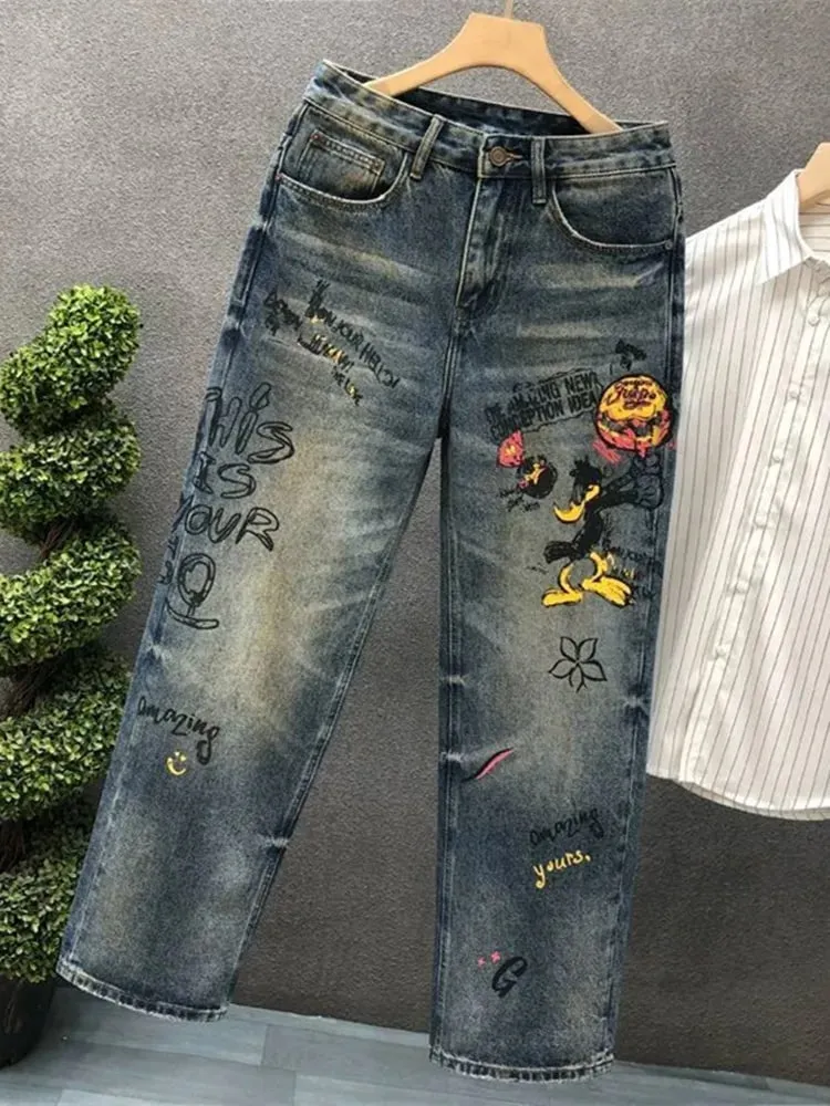 Spring and Autumn New Fashion Trend Print Straight Elastic Denim Pants for Men Casual Loose Retro Sport High-Quality Denim Jeans