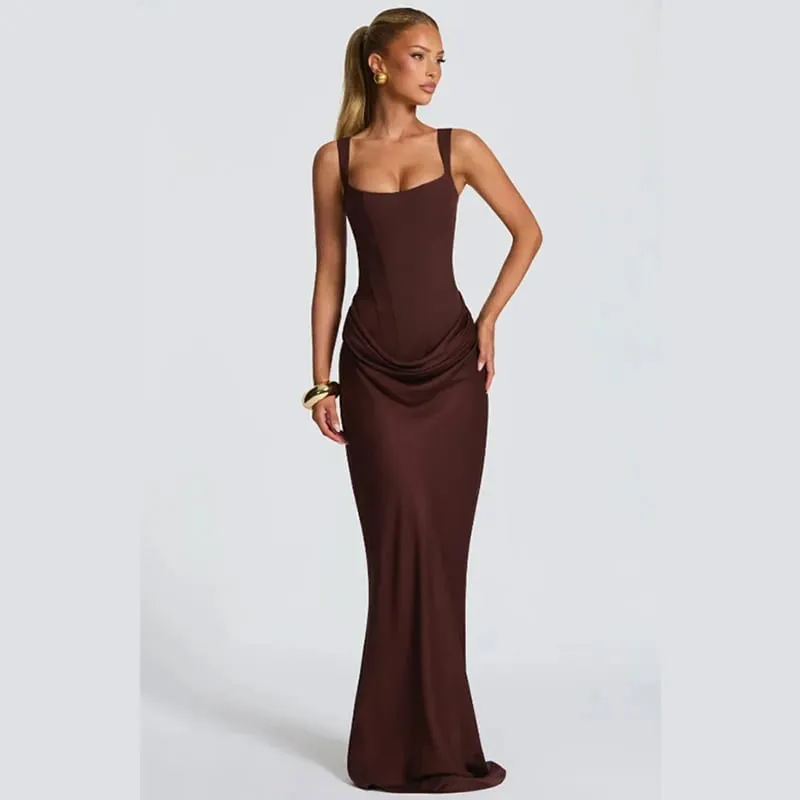 Butter Yellow Women Satin Slip Maxi Dress Elegant Spaghetti Strap A-line V Neck Waist-cinching Summer Lady Formal Evening Gown