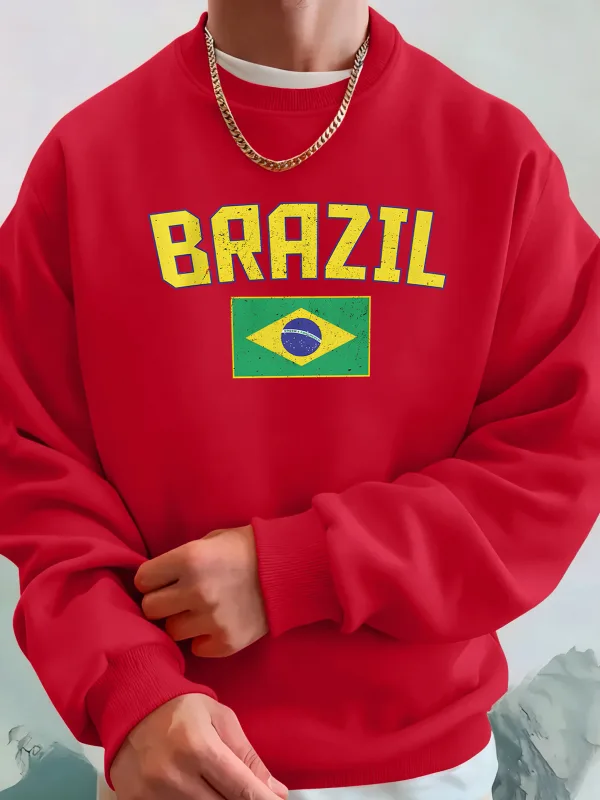 Brazil Letter And Flag Prints Man'S Pocket Streetwear Street Basic Hoody Crewneck Sport Sweatshirts Fleece Trendy Pullovers