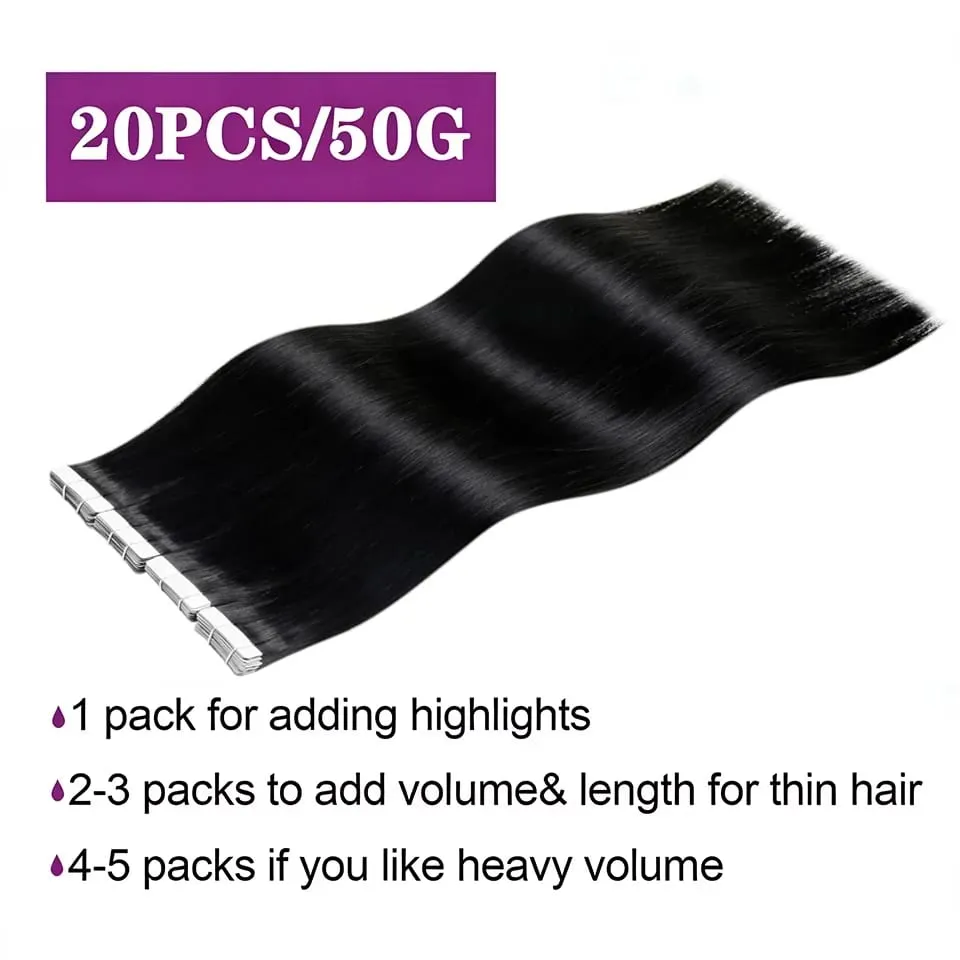Tape In Hair Extensions Human Hair Natural Color Silk Soft Straight Seamless Invisible Tape In Extensions Color #2 for Women 50G