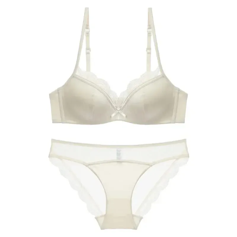 Women's Thin Smooth Satin Bra & Briefs Set Summer Solid Lace Decor Anti Sagging Lingerie Bra Sweet Underwear Suit Нижнее Белье