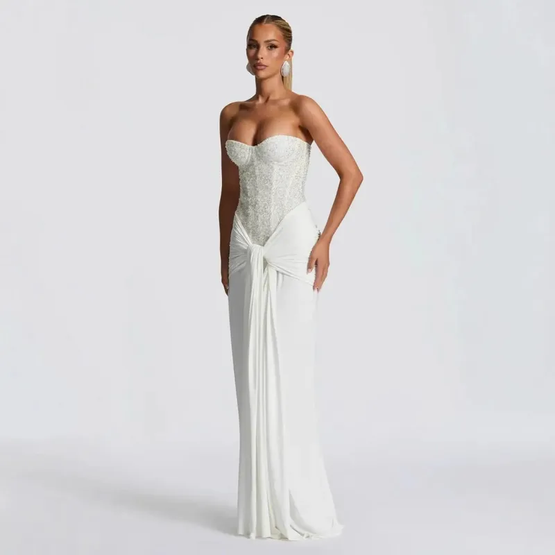 Sexy Sequin Patchwork Strapless Maxi Dress Women Sleeveles Off-shoulder Cinched-waist Pleated Dresses Lady Evening Party Gowns
