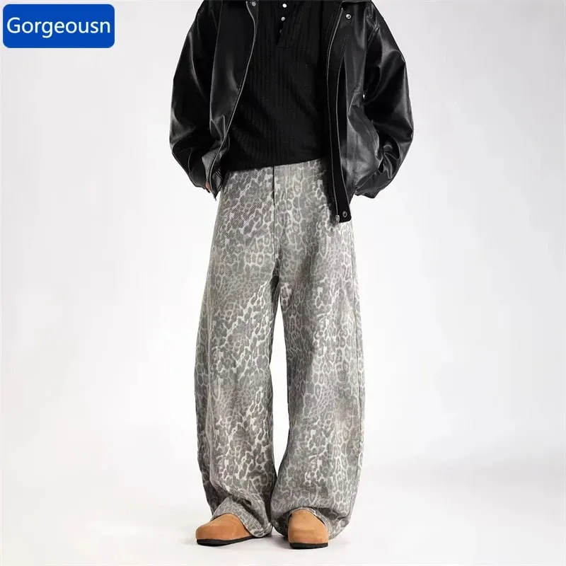 2026 New Vintage Distressed Leopard Printed Y2K Jeans Men's High Street Baggy Curved Denim Pants Hip Hop Fashion Punk Jean — image 2
