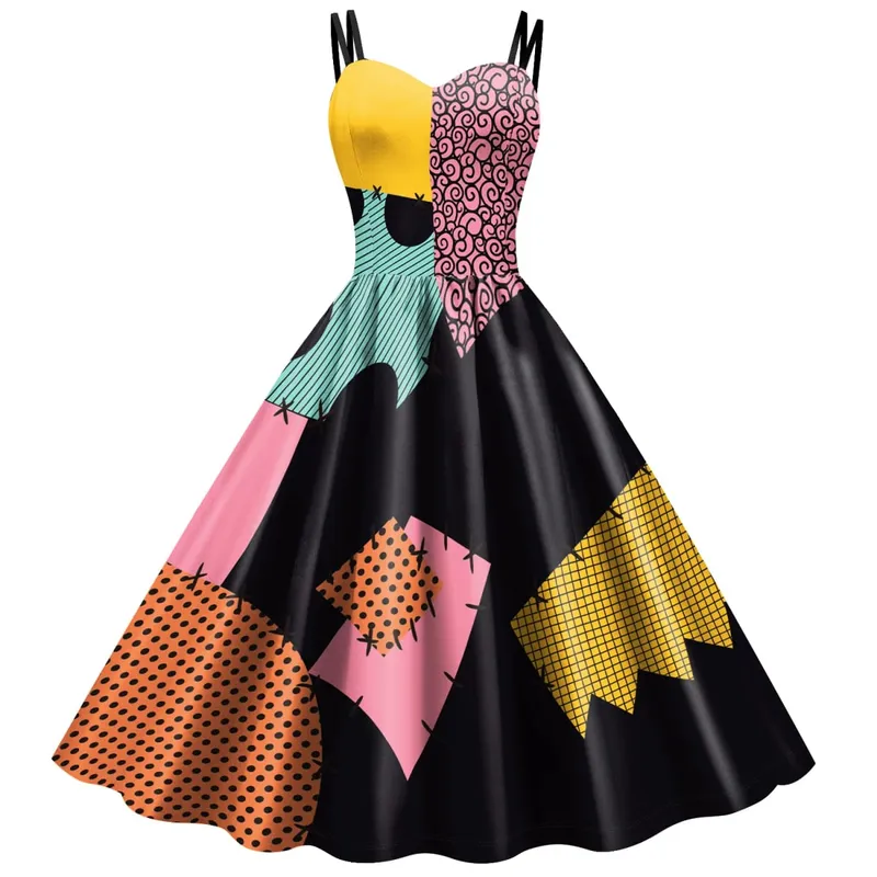 [You're My Secret] Halloween Nightmare Christmas Sally Dress Spaghetti Strap Women's Sexy Backless Dresses Patchwork Vestidos