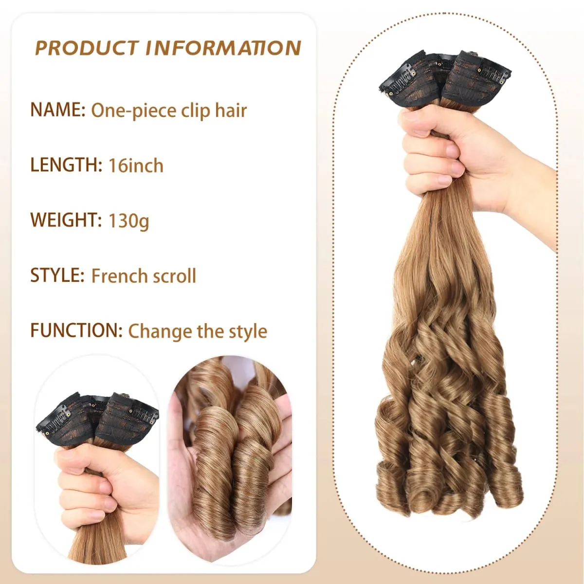 Synthetic Clip in One Piece Hair Extensions 5 Clips in one piece false hair 16inch French curl Style for women girls Daily Party