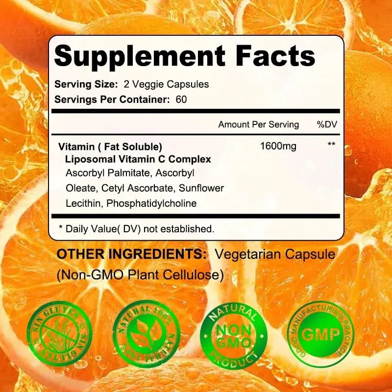 Liposomal Vitamin C 1600 Mg - Highly Absorbable Fat Soluble Vitamin C Antioxidant Supplement Immune System & Collagen Booster