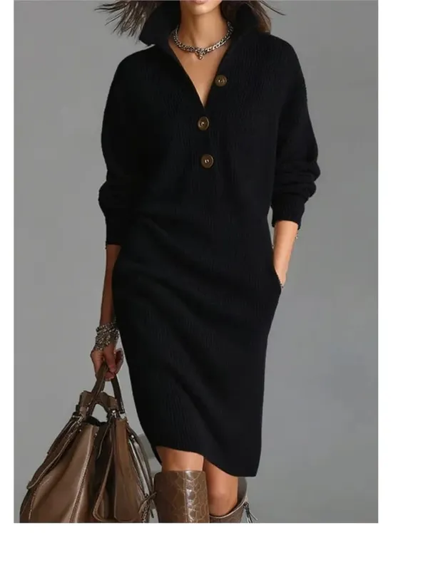 Autumn Fashion Knitted Button Lapel Women Dress Casual Loose Pocket Lazy Straight Over The Knee Long Sleeve Sweater FemaleDress — image 8