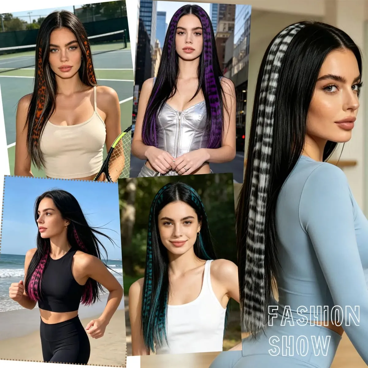 Synthetic clip in colorful striped hair Clip in feather hair extensions 18inch for women ladies daily party holiday