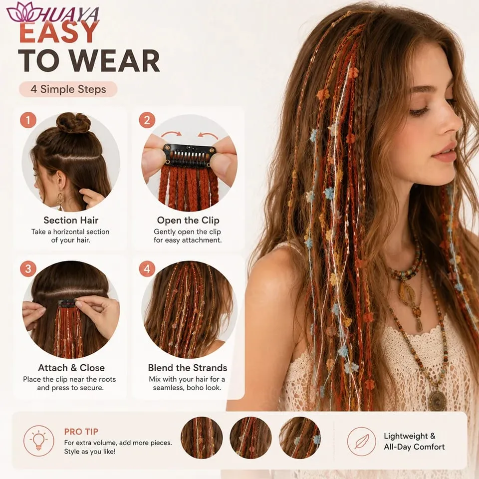 Synthetic Colorful Clip-in Hair Extensions Boho Yarn Dreadlock Braids Festival Party Hair Accessories for Women