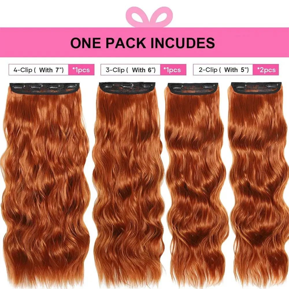 Copper Red Long Wavy Clip in Hair Extensions 20 Inch 4Pcs Double Weft Synthetic Hairpieces Full Head for Women Party Cosplay