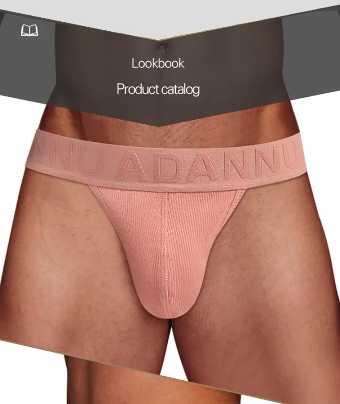 Men's Cotton Ribbed Skin-Friendly Bare Feel Convex Pouch Briefs, Embossed Letter Wide Waistband Slim Fit Underwear
