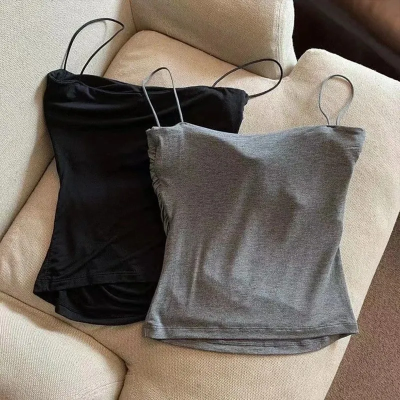 Sexy Solid Pleated Tank Camisole Women's Summer Spaghetti Strap Sleeveless Tops