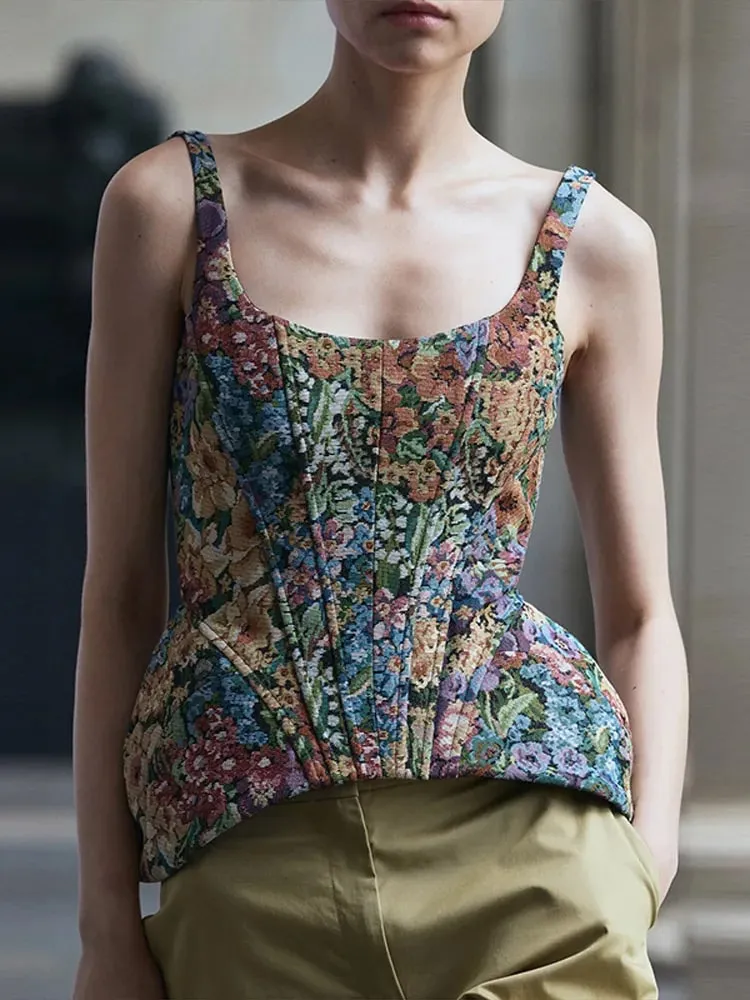 Vintage Floral U Neck Spaghetti Strap Corset Cami Top Curved Hem Fitted 2026 Summer Women Slim Tank Causla Versatlie Lady Top