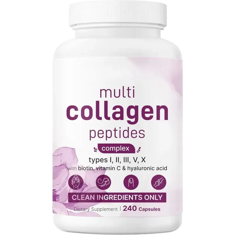 Cápsulas de múltiplos peptídeos de colágeno com biotina, vitamina C e ácido hialurônico contém ovos e peixe 240 cápsulas
