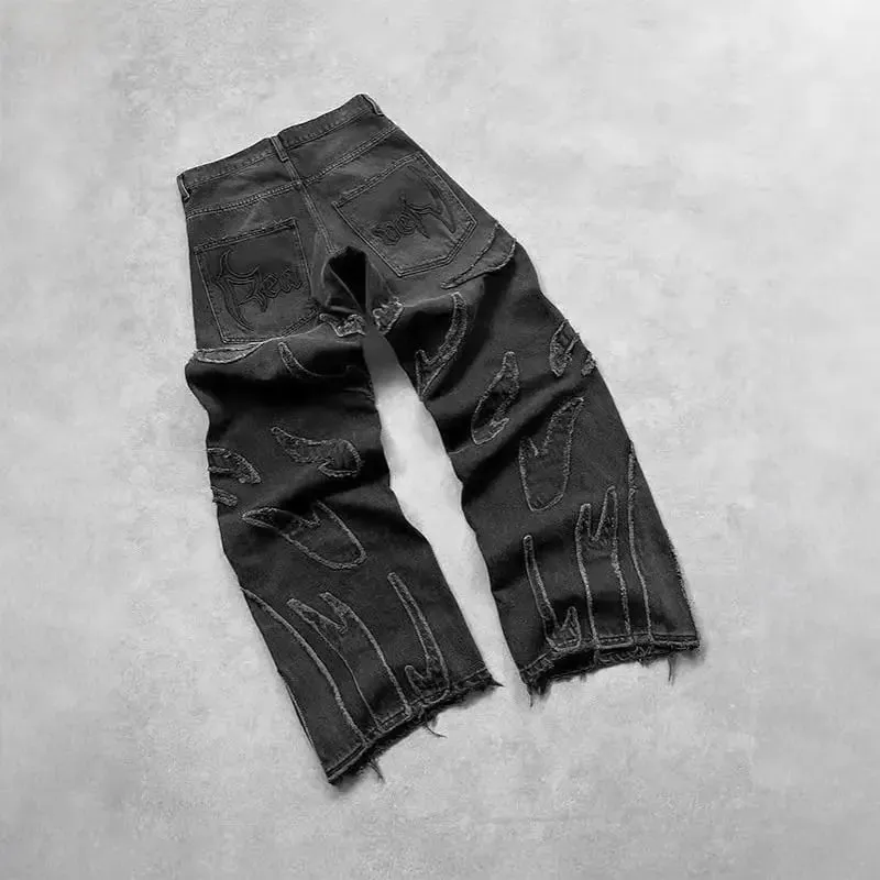 Streetwear Black Denim Wide Leg Jeans Featuring Oversized Letter Embroidery and Distressed Baggy Jeans Fit Gothic Hip Hop Pants — image 3