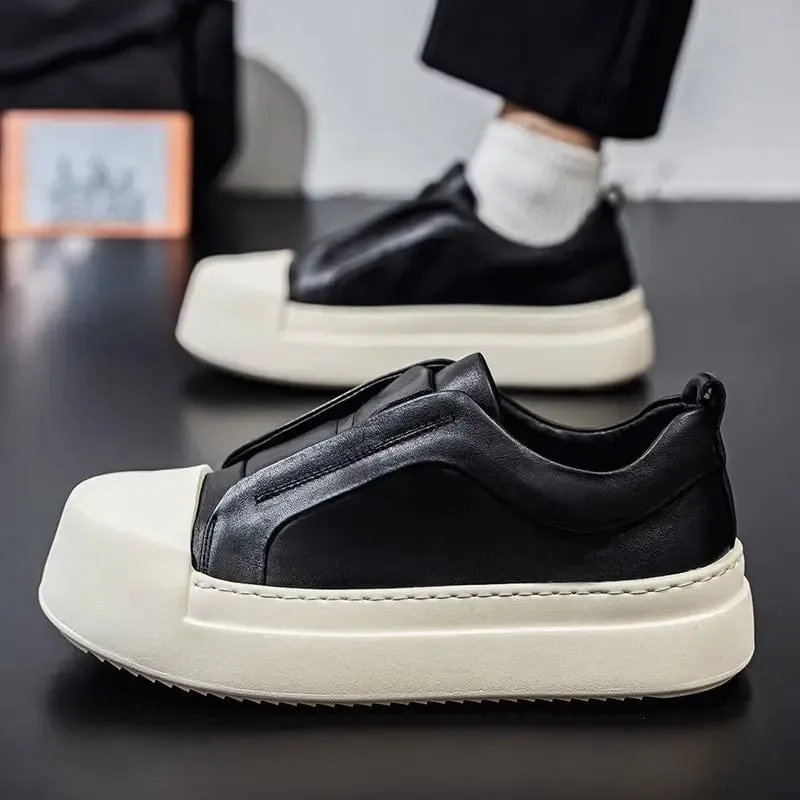 Retro Brown PU Leather Men's Shoes Lightweight Platform Elastic Band Casual Sneakers Fashion Street Walking Shoes High Quality