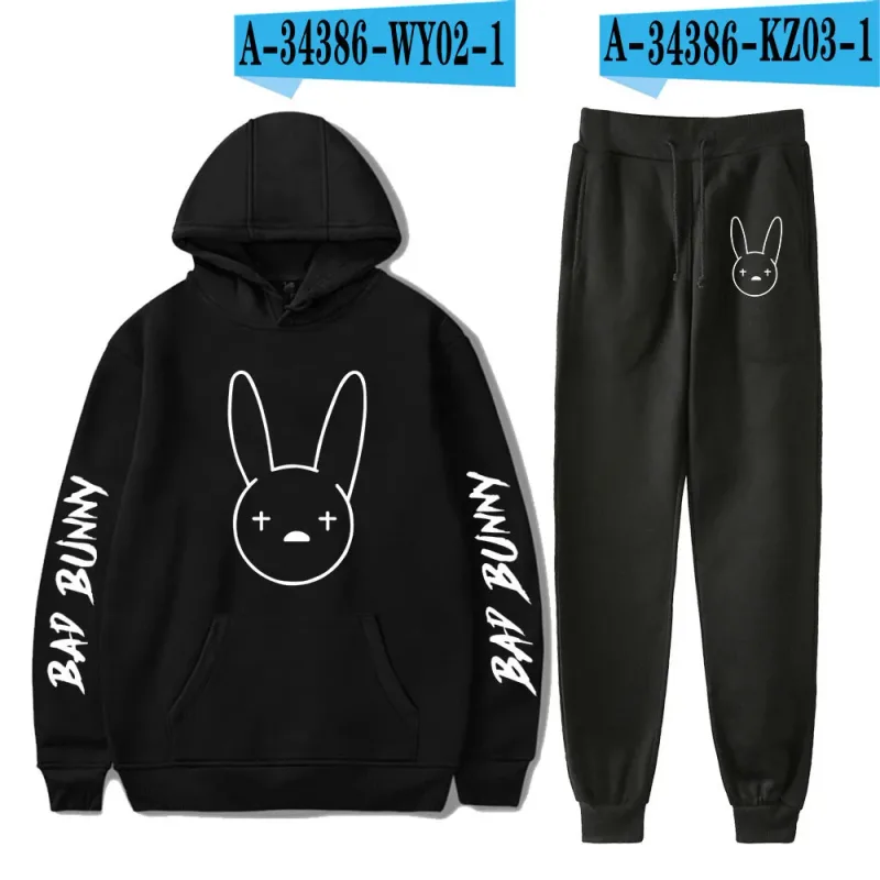 Harajuku Comfortable Funny bad bunny Print Sweatshirt Sweatpants Suit Men/Women Hoodies+ Trousers Suit Cute 2 Piece Set Clothes