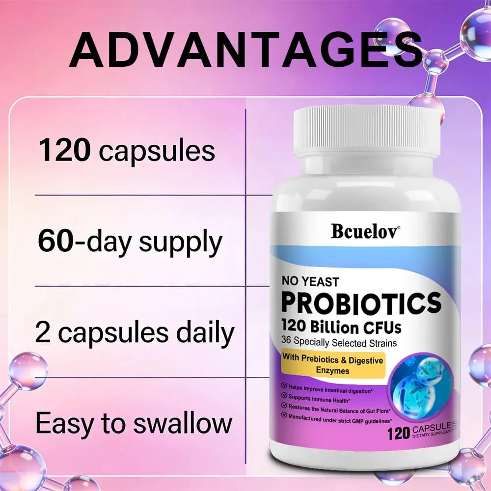 Probiotics 120 Billion CFU 36 Strains + Prebiotics + Digestive Enzymes Gut Digestion & Immune System Support Regulates Mood