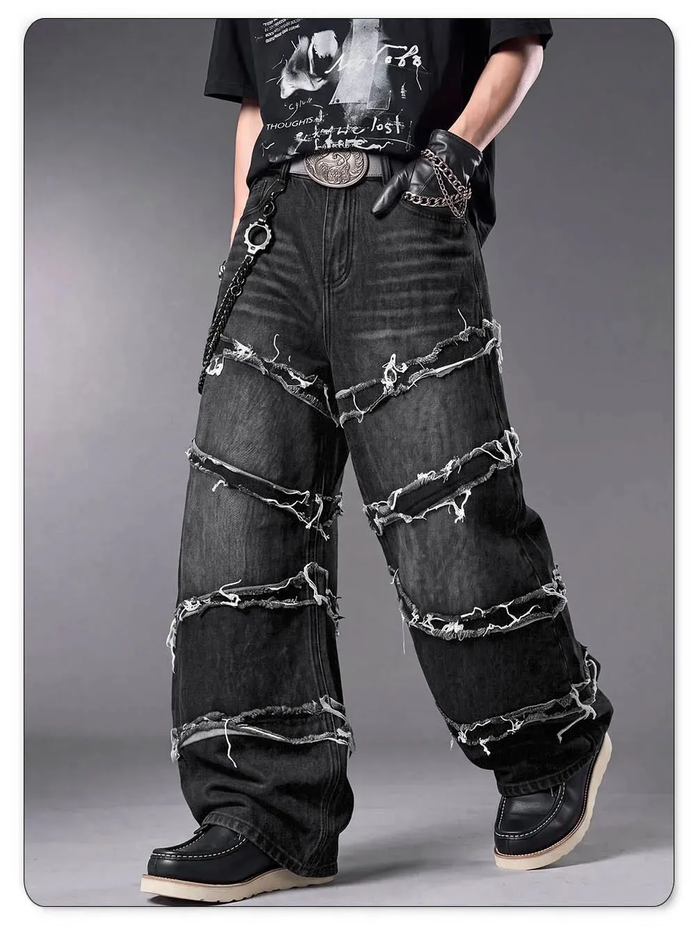 Men's Gothic Baggy Jeans Raw Frayed Edge Deconstructed Patchwork Wide Leg Denim Pants Y2K Punk Streetwear Trousers