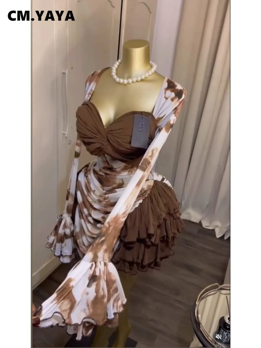 CM.YAYA Kvinder Tie Dye Print Cascading Flæser Bell Langærmet Bodycon Ruched Draperet V-hals Kjole Ferie Strand Ferie Kjoler — image 6