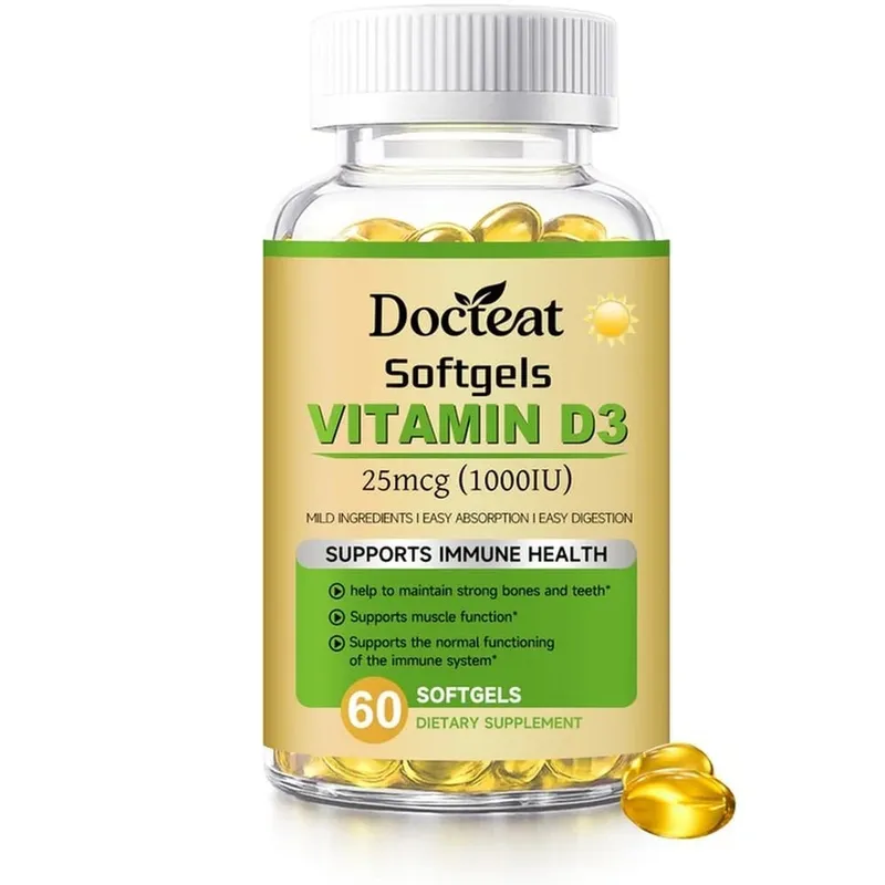 Docteat Vitamin D3 Softgels Supports Immune Health Helps Maintain Bones and Teeth for Adult Daily Requirement 60 Softgels