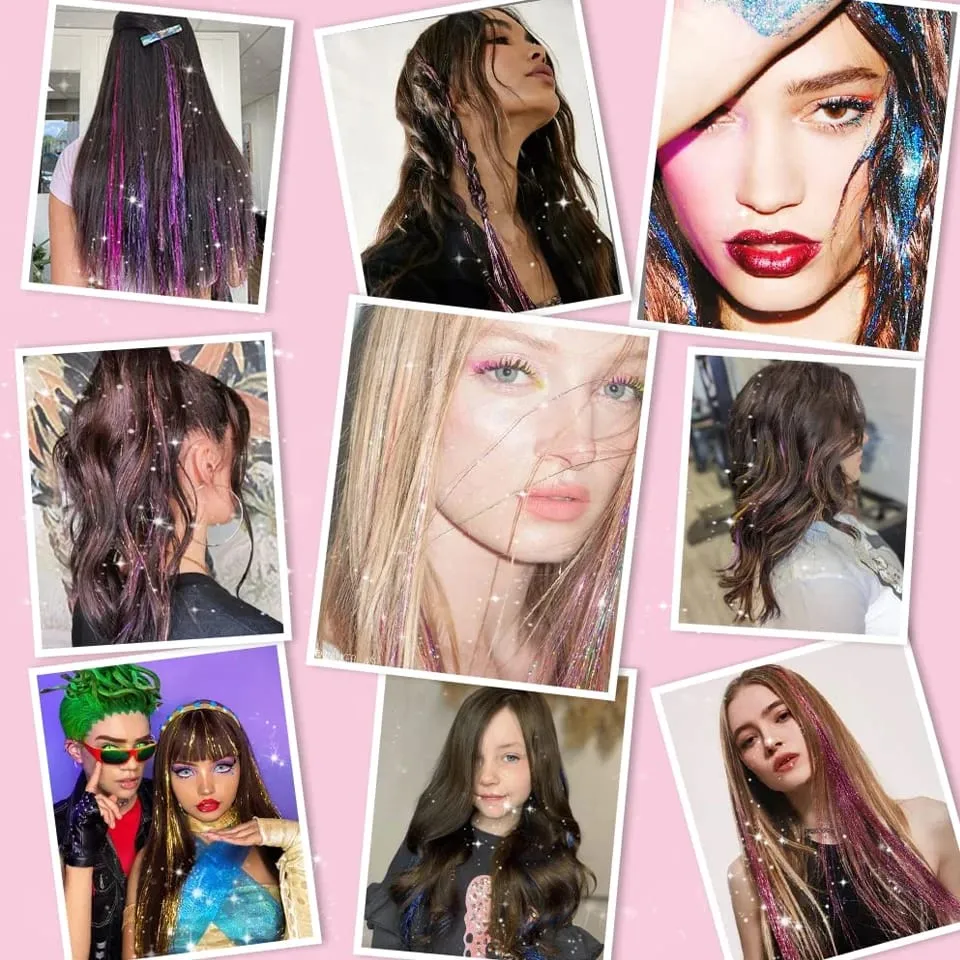 Synthetic 12Pcs Hair Tinsel Clip In Glitter TinselStraight Hair Extensions Tinsel Kit Shiny Hair Accessories For Women