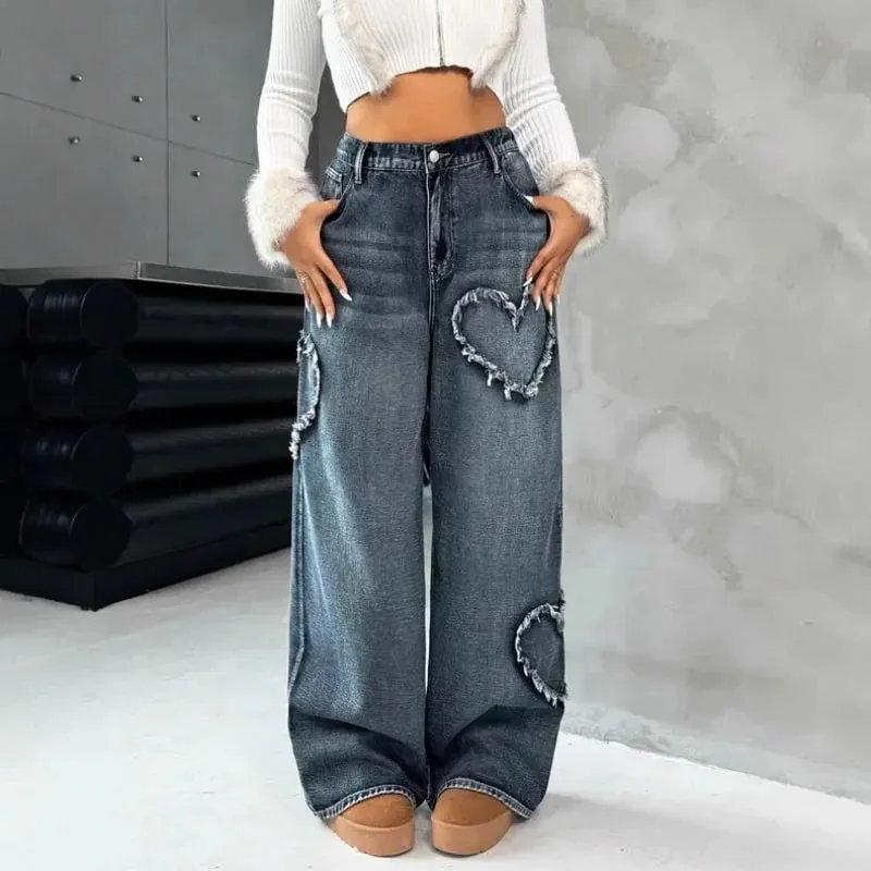 American Retro Frayed Edge Patchwork Heavy Washed Denim Jeans Unisex Street Loose Straight Wide-Leg Trousers 21095