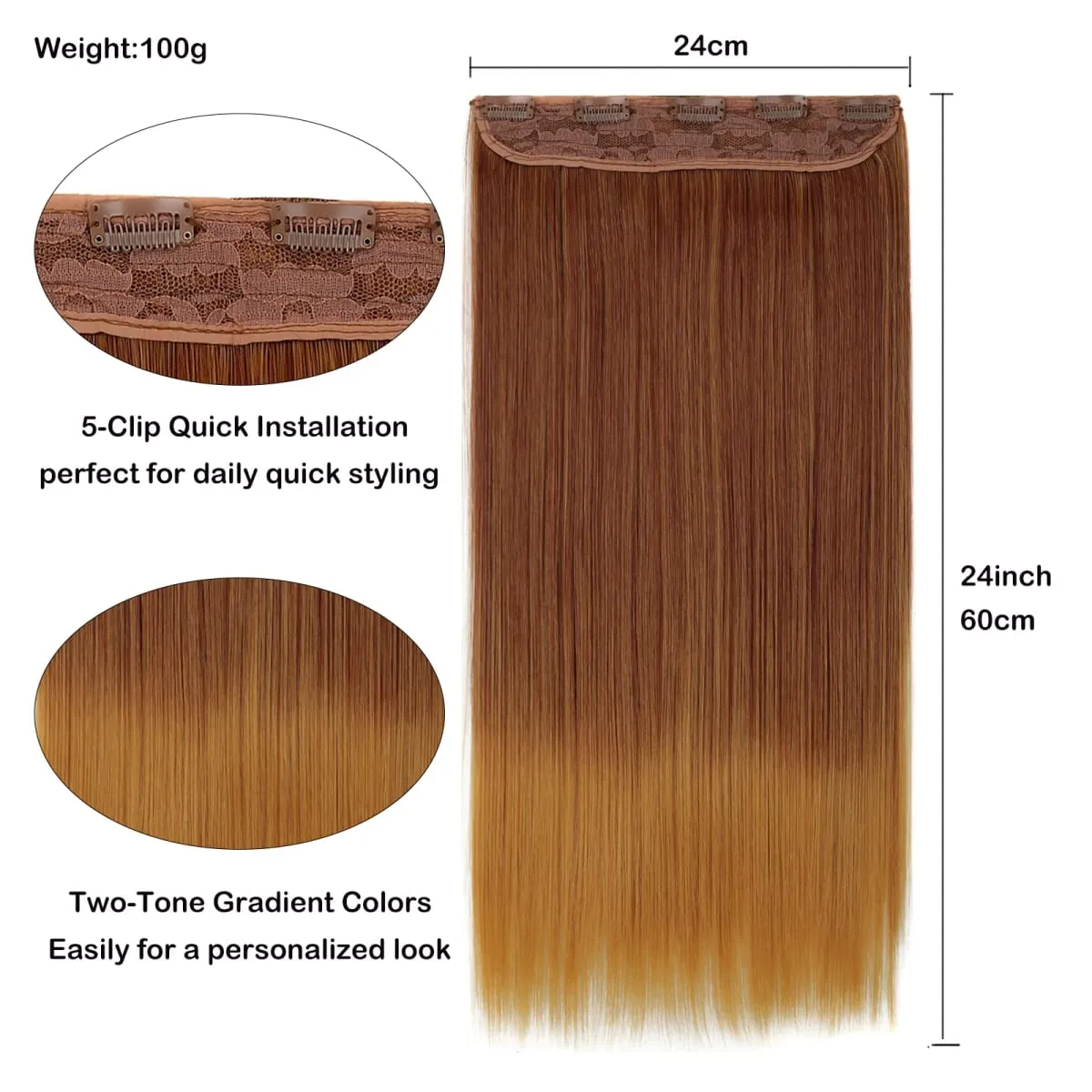 Clip In Hair Extensions 5 Clips One Piece Straight Hair Ombre Two Tone High Temperature Synthetic Hairpiece For Women