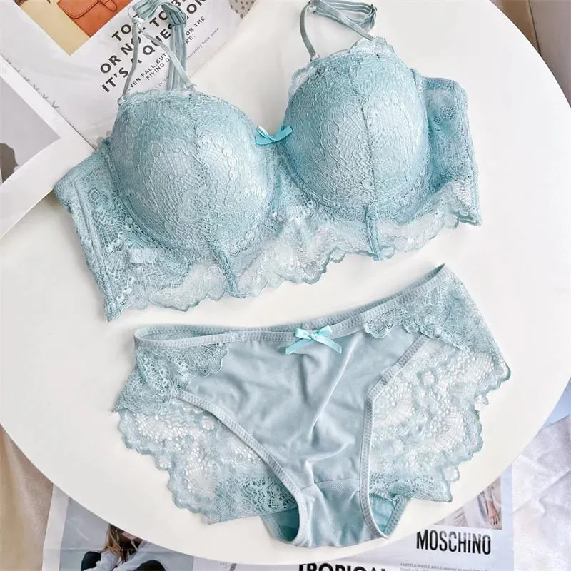 Plus Size Womens Lace Bra and Panty Set Push Up Supportive Full Coverage Side Smoothing Lingerie Underwear for Curvy Women Daily