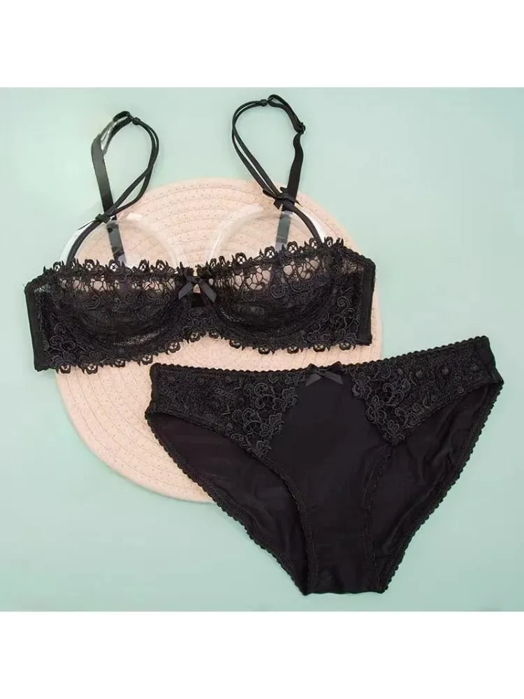 Sexy Lace Bra Set Women Plus Size Sheer Half Cup Push Up Lingerie Ultra Thin Transparent Concealed Nipple Underwear Hot