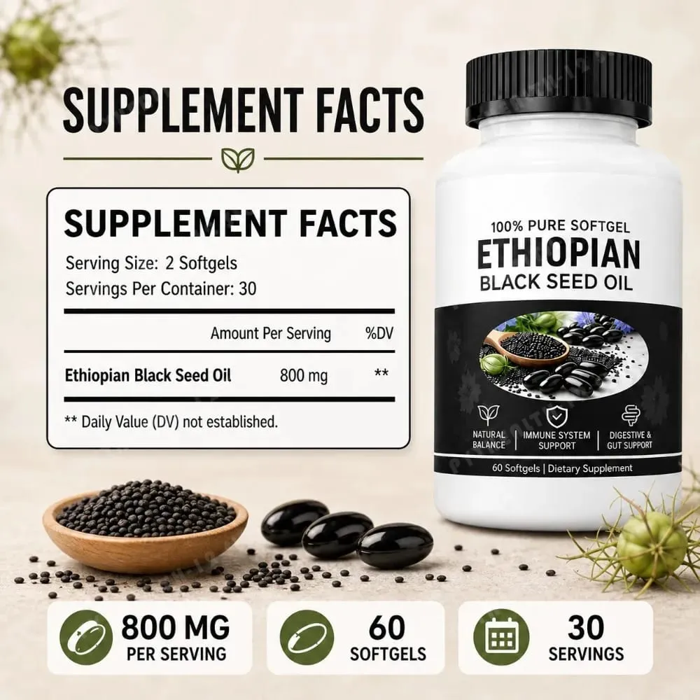 Ethiopian Black Seed Oil Softgels 800mg Cold Pressed Nigella Sativa Immune Digestive Gut Support Supplement 60 Count Non-GMO