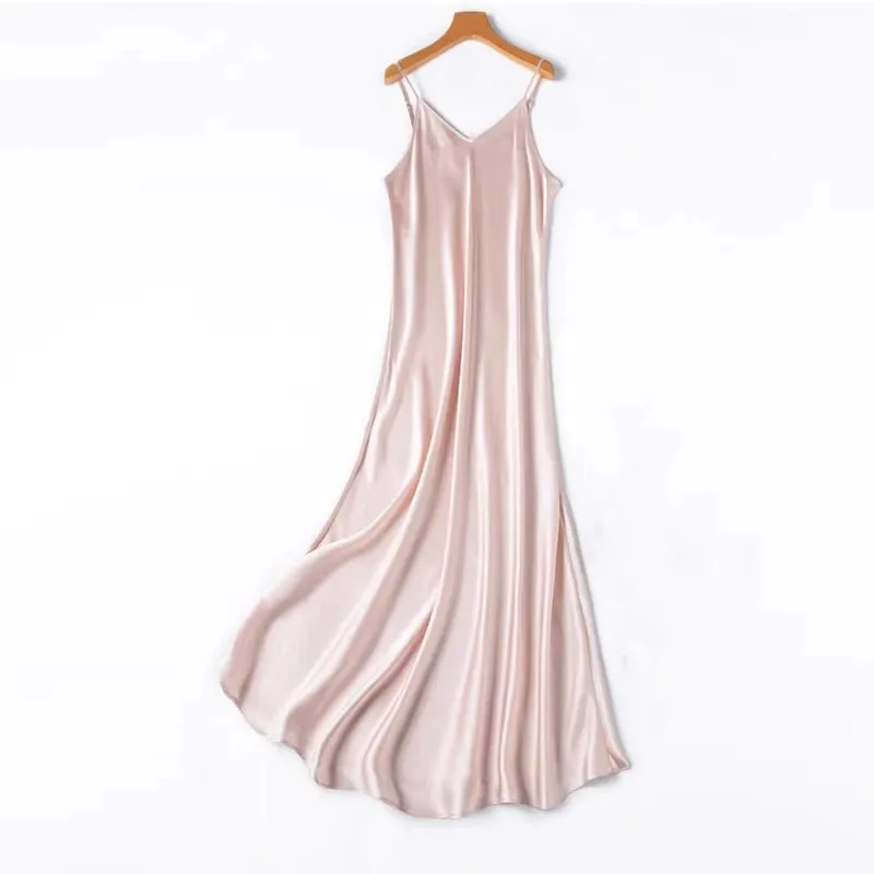 2026 Women's Fashion New 21MM 100% Natural Mulberry Silk Plain Satin Extended French Sexy Adjustable Shoulder Strap Solid Dress