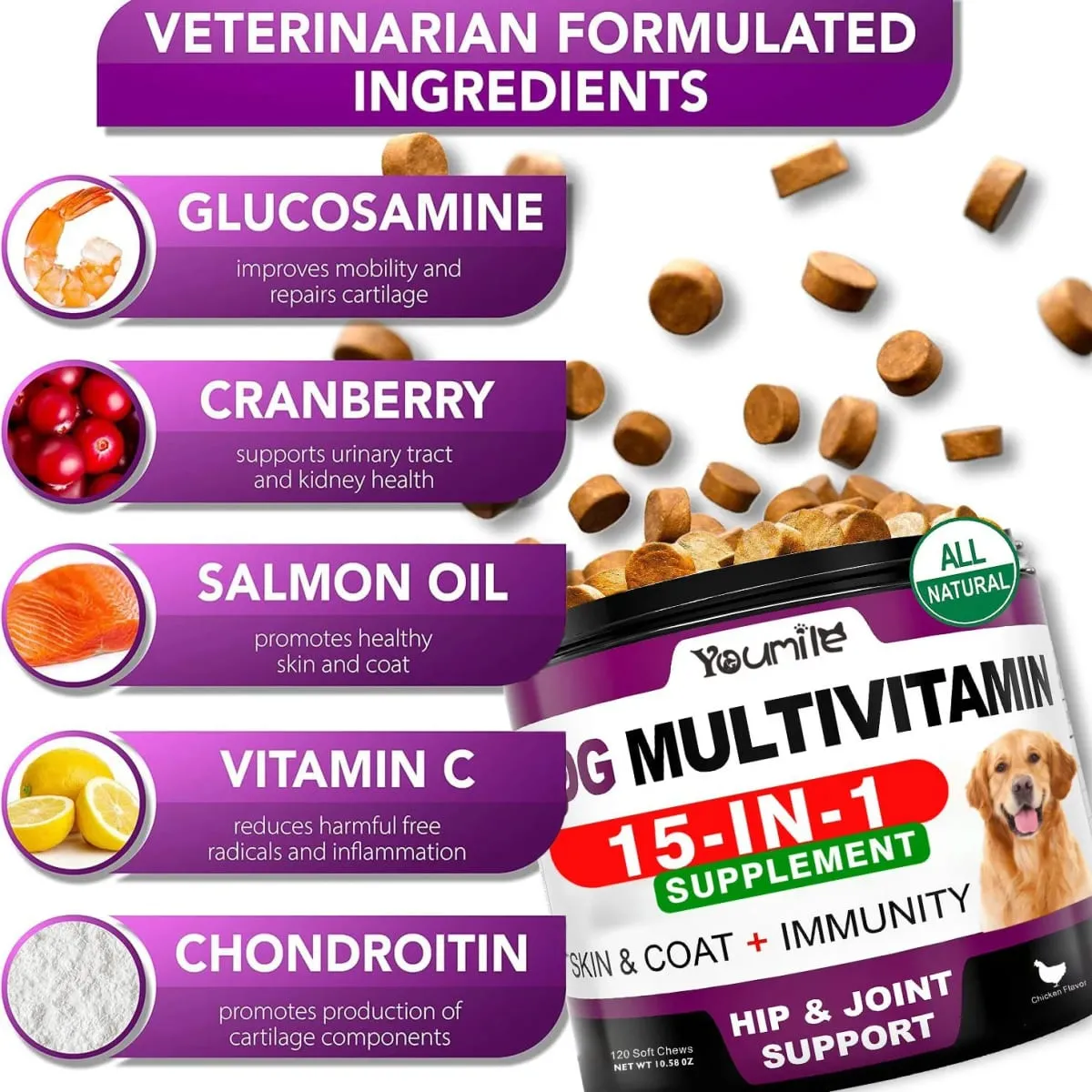 Suplemen Multivitamin Anjing Kanan & Anak Anjing Multi Vitamin Perisa Ayam Kunyah untuk Kekebalan Sendi Haiwan Kebolehgerakan Tenaga Kulit Usus