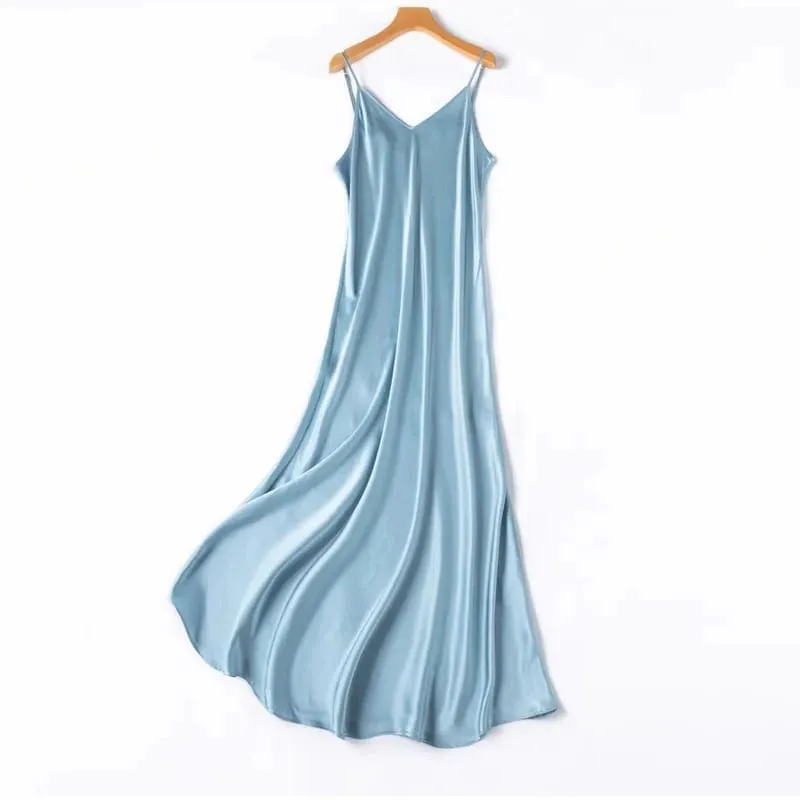 2026 Women's Fashion New 21MM 100% Natural Mulberry Silk Plain Satin Extended French Sexy Adjustable Shoulder Strap Solid Dress