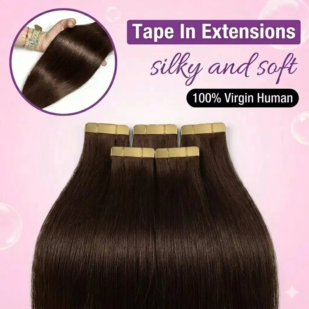 Tape in Hair Extensions 14A Straight 100% Human Hair #4 Brown Virgin Remy Hair Extensions 21pcs 50g Pack Invisible Skin Weft 18 20 22 Inch
