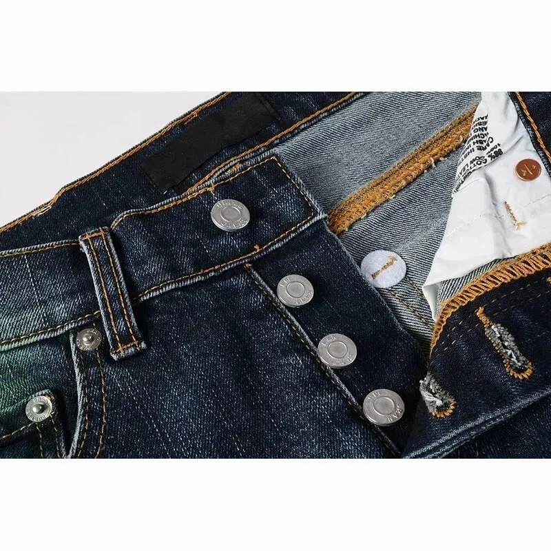 Men's Slim Taper Vintage Distressed Ripped Jeans Blue Gradient Green Red Paint Splatter Button Fly High Street Fashion Denim Pan
