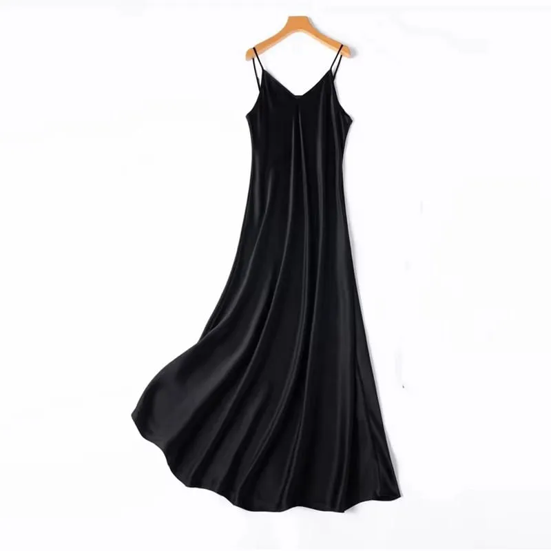 2026 Women's Fashion New 21MM 100% Natural Mulberry Silk Plain Satin Extended French Sexy Adjustable Shoulder Strap Solid Dress
