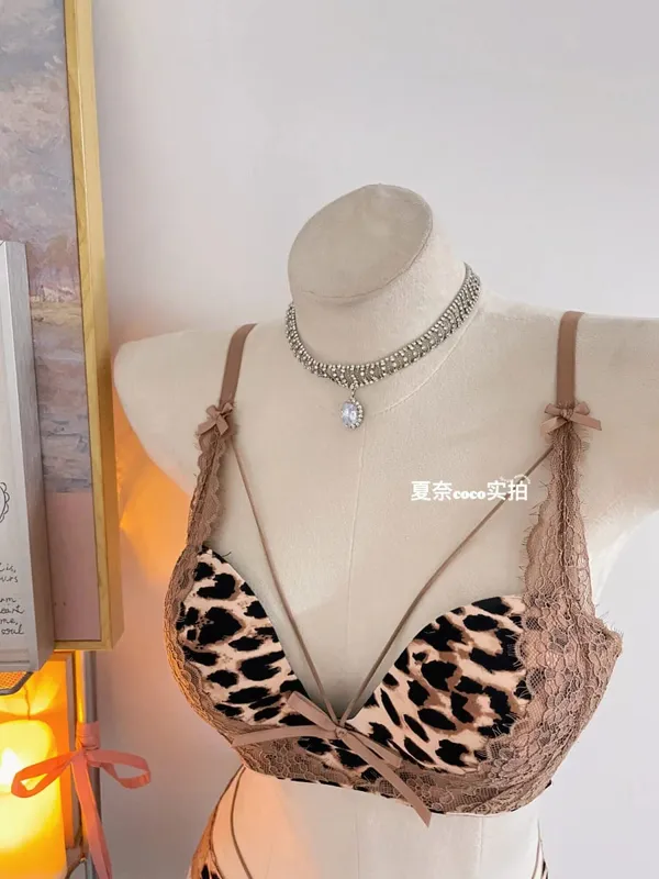 New Sexy Leopard Print Deep V Push Up Bra Lingerie Set for Women Small Bust Push Up Effect Anti Ptosis Daily Wear 32-38 Bra Set